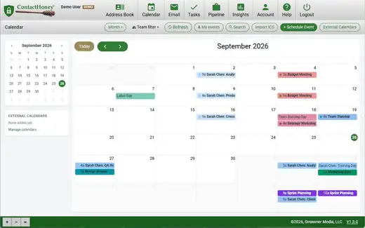 ContactHoney calendar: September month view with color-coded meetings and events, a mini-calendar, team filter, Import ICS and Schedule Event buttons