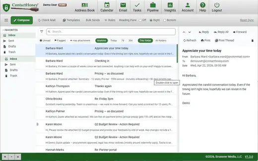 ContactHoney email client: folder sidebar with Inbox, Sent, Drafts and Trash, a message list with filters, and a reading pane showing a reply from a contact