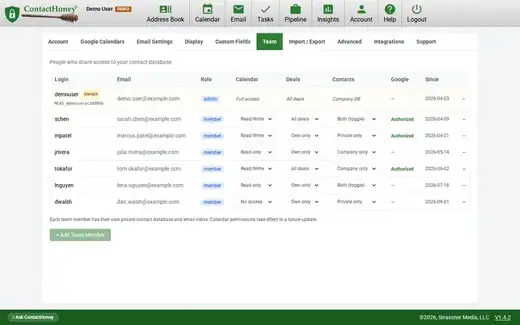 ContactHoney team settings: a table of team members with role, calendar, deals and contacts permissions for each person, and an Add Team Member button